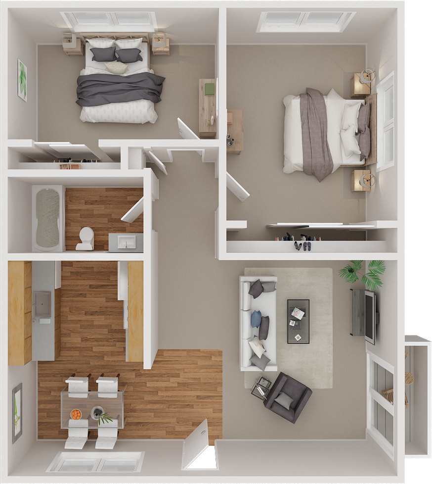 Floor plan for 2 beds, 1 bath, 885 sqft